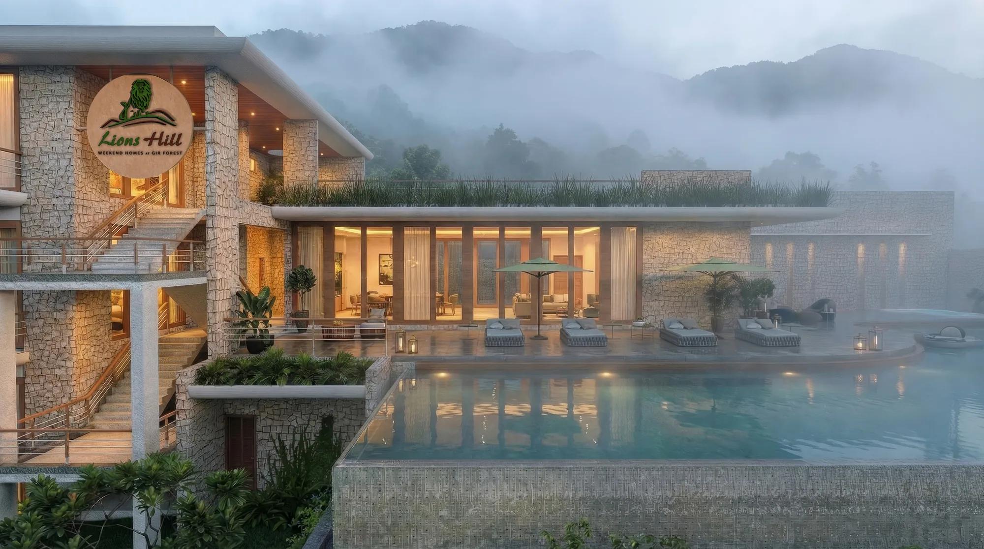 Dusk render of a hillside villa with stone walls, an infinity pool and loungers under green umbrellas, with forested hills behind.