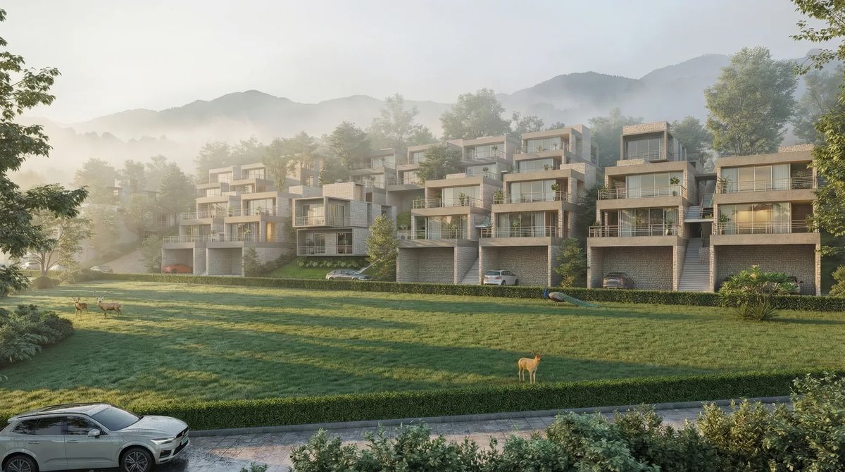 Lions Hill terraced weekend homes on a hillside, seen from the meadow — after