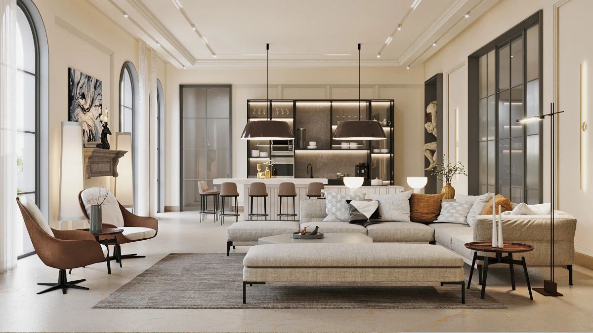 Interior render of an open living and dining space with arched windows, a white sectional sofa and pendant lights.