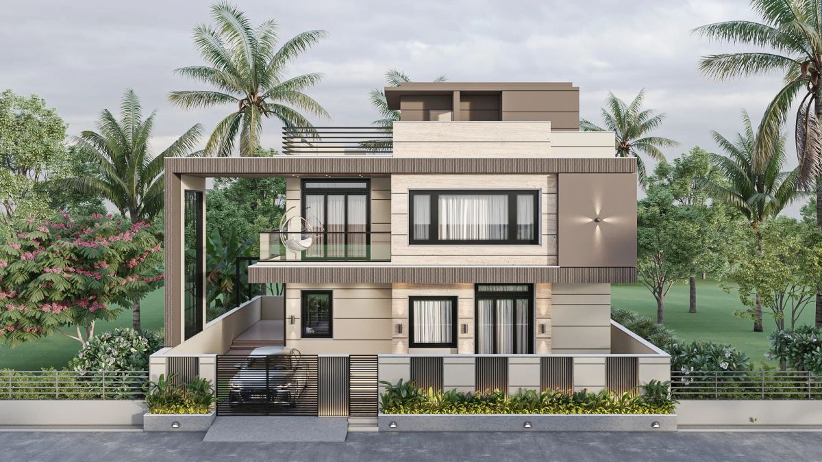 Exterior render of a two-storey contemporary house with stone panels and palms behind a boundary railing.