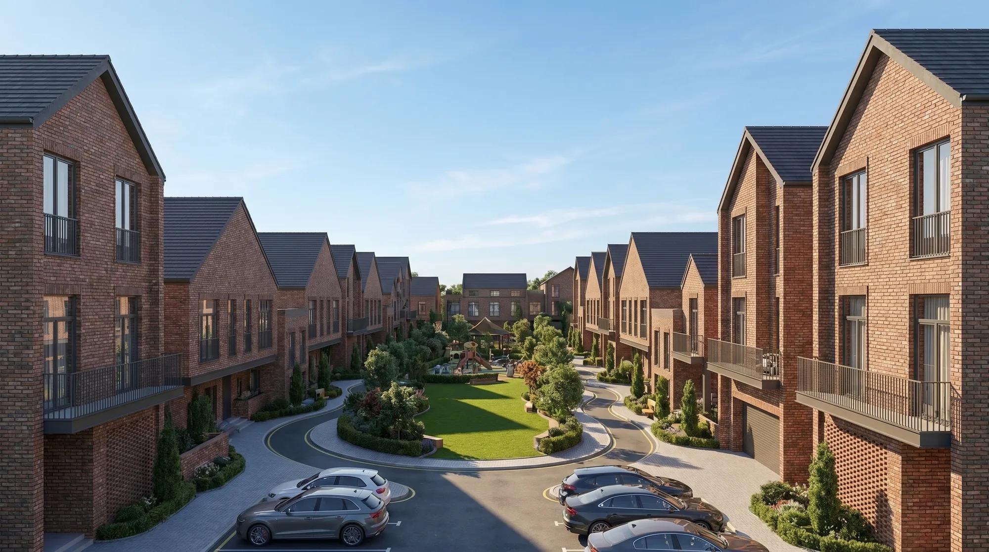 Exterior render of brick townhomes with pitched roofs, green landscaping and a curved driveway.