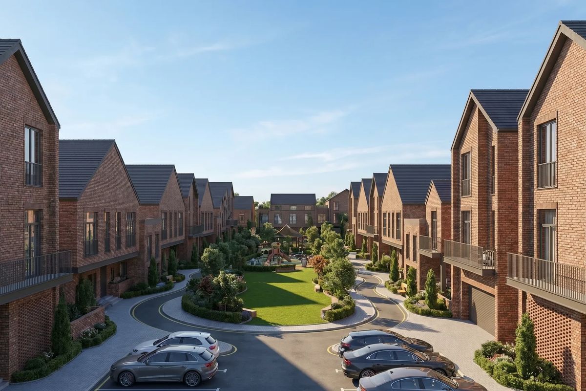 Exterior render of brick townhomes with pitched roofs, green landscaping and a curved driveway.