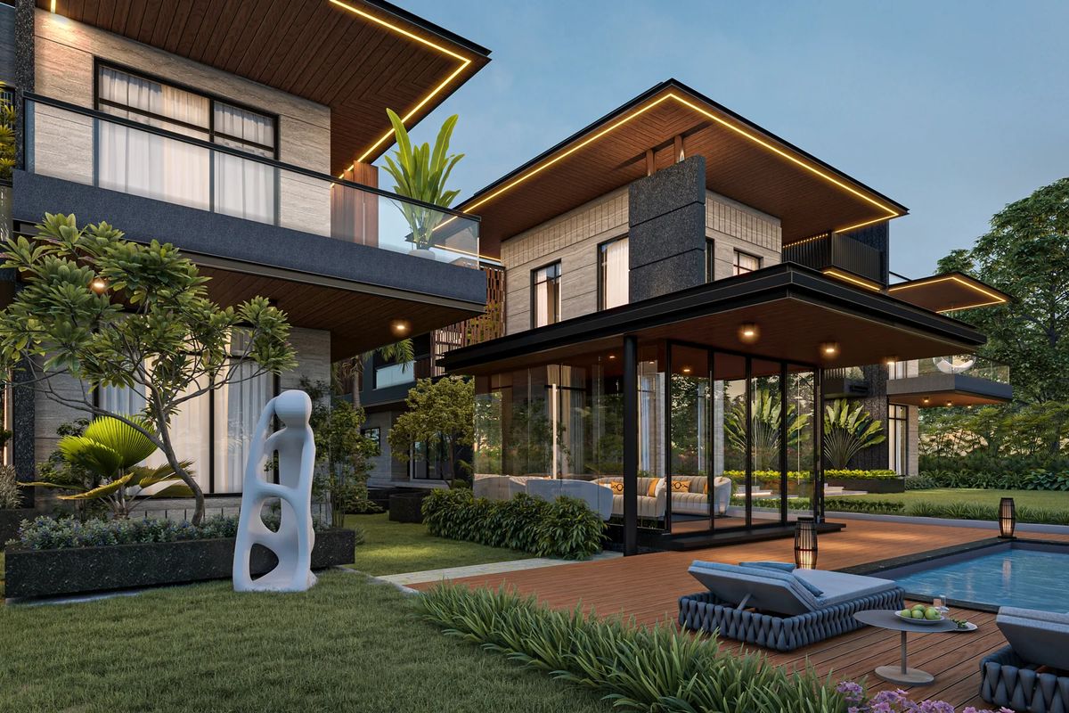 Exterior render of a modern villa with pitched timber roofs, glass walls, a sculpture and a poolside deck.