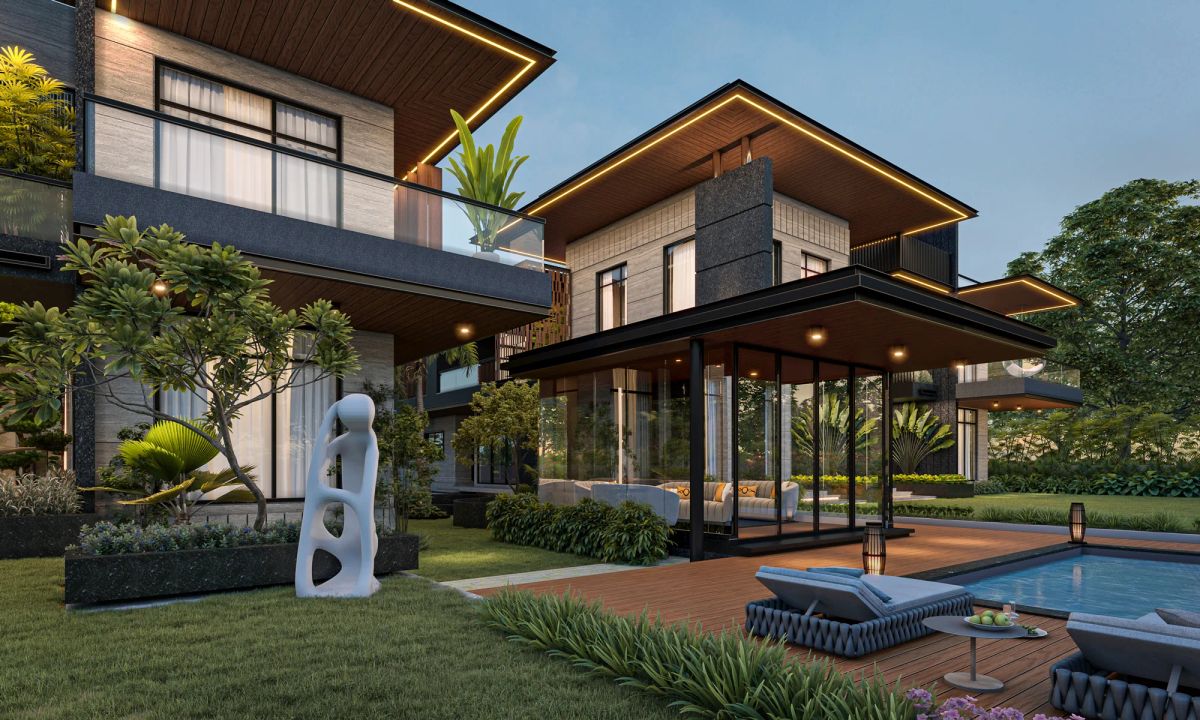 Exterior render of a modern villa with pitched timber roofs, glass walls, a sculpture and a poolside deck.