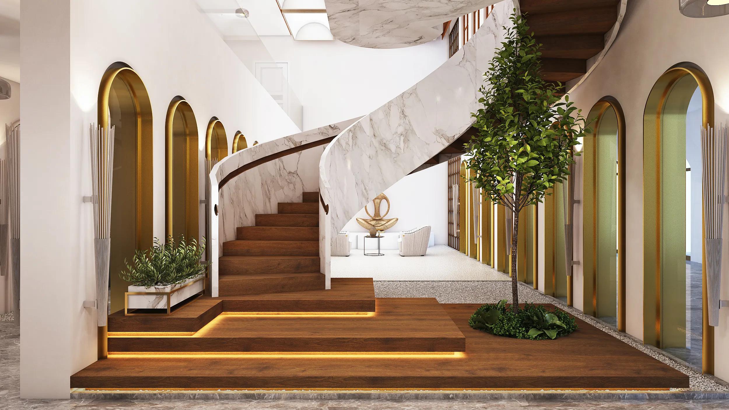 Interior render of a double-height hall with a marble spiral staircase in a bungalow.