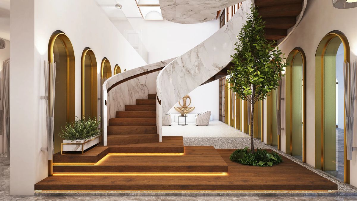 Interior render of a double-height hall with a marble spiral staircase in a bungalow.