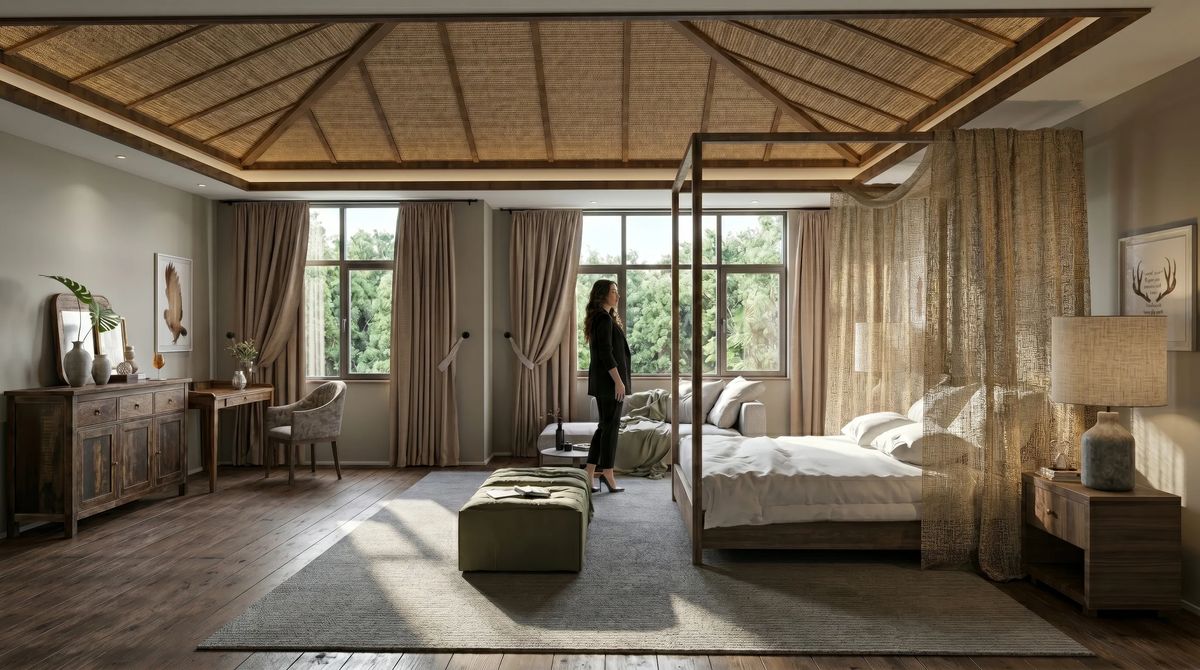Photoreal render of a resort-style primary suite with a woven-canopy bed, thatched timber ceiling and a woman standing by tall windows.