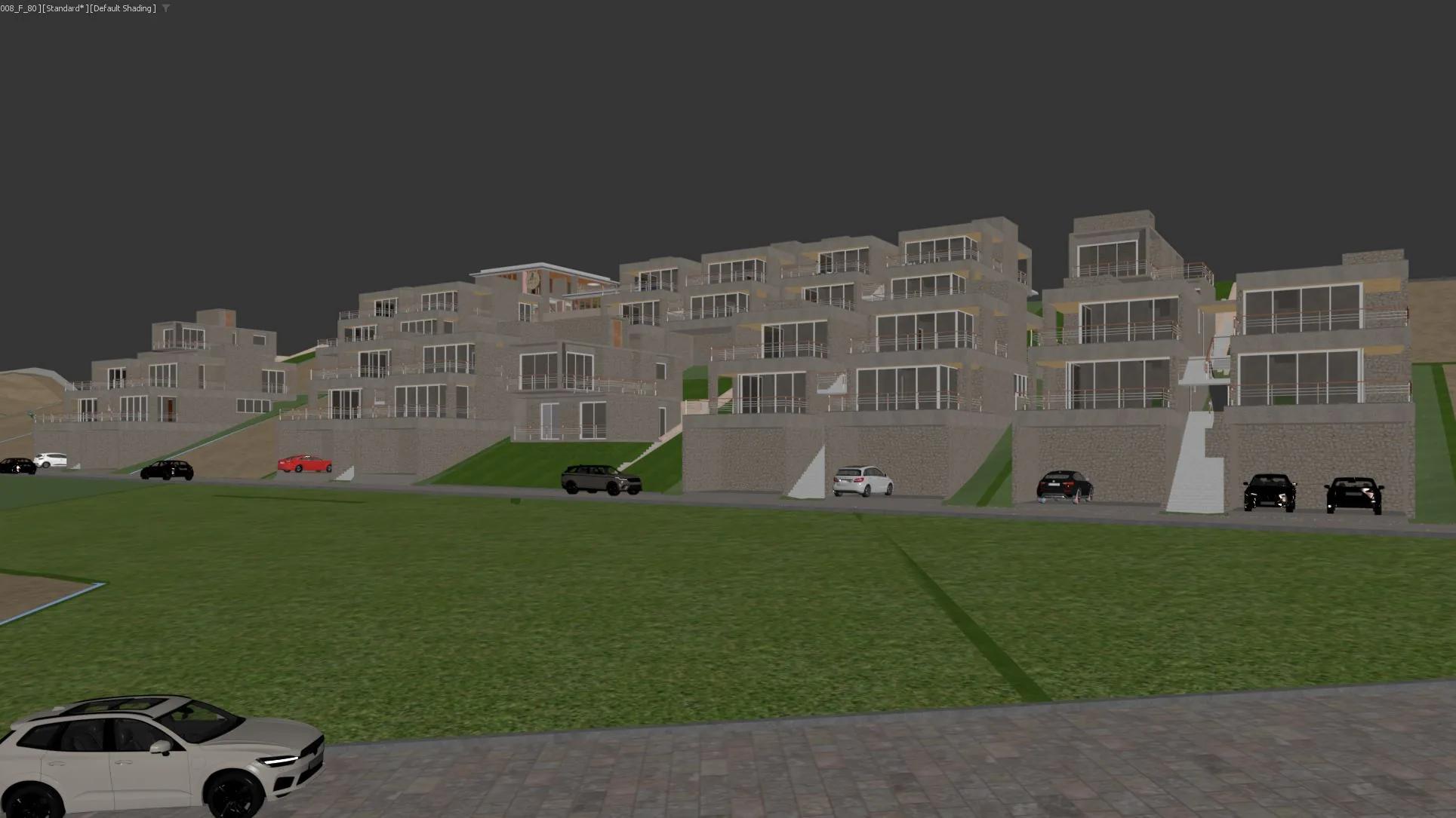 Lions Hill terraced weekend homes on a hillside, seen from the meadow — before