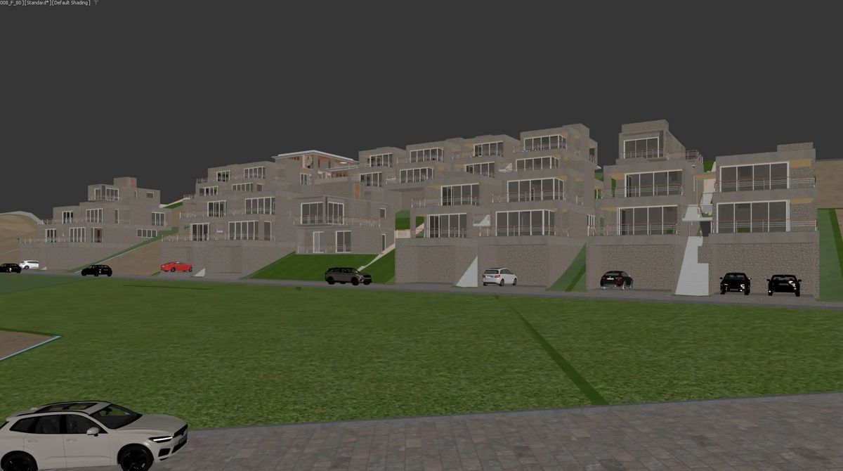 Lions Hill terraced weekend homes on a hillside, seen from the meadow — before