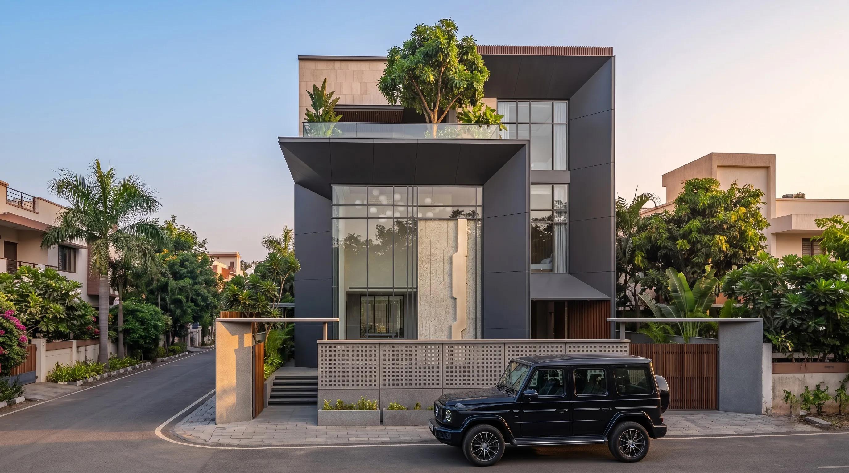 Walkthrough still of a modern house with a dark facade, a glazed stair core and a car at the gate.