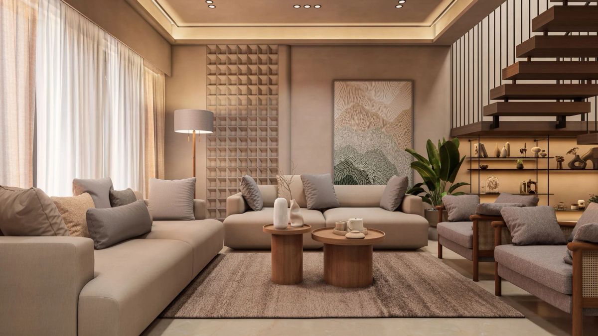 Walkthrough still of a living room with beige sofas, a timber floating staircase and a textured feature wall.