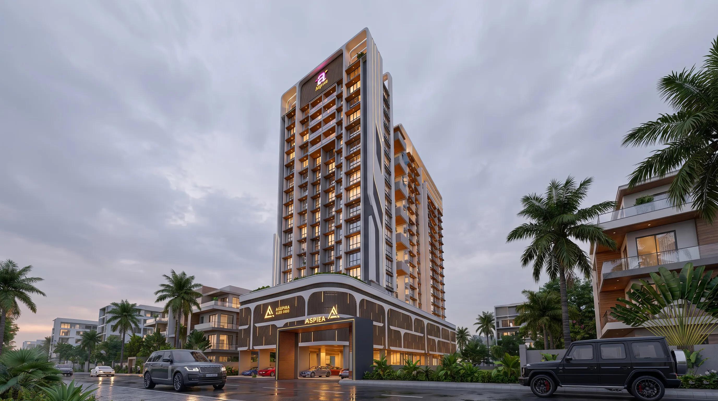 Photoreal exterior render of a modern residential tower with a double-height entrance and palm trees along the approach.