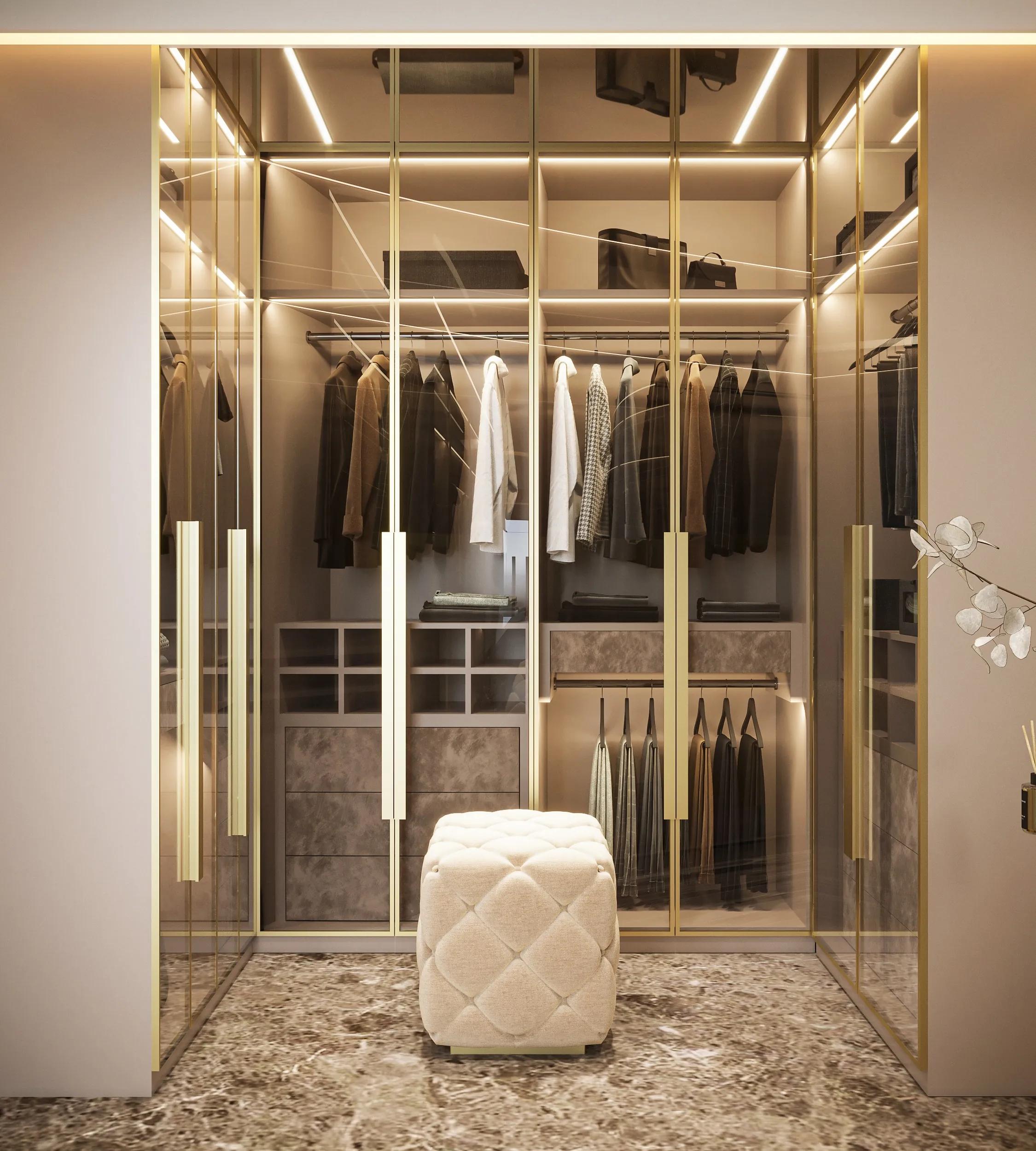 Interior render of a walk-in wardrobe with open shelving, display lighting and a tufted seat.