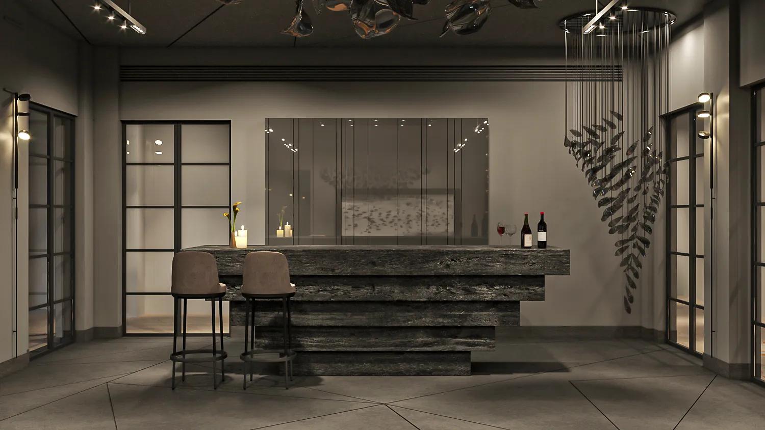 Interior render of a home bar with a dark stone counter, bar stools and warm lighting.