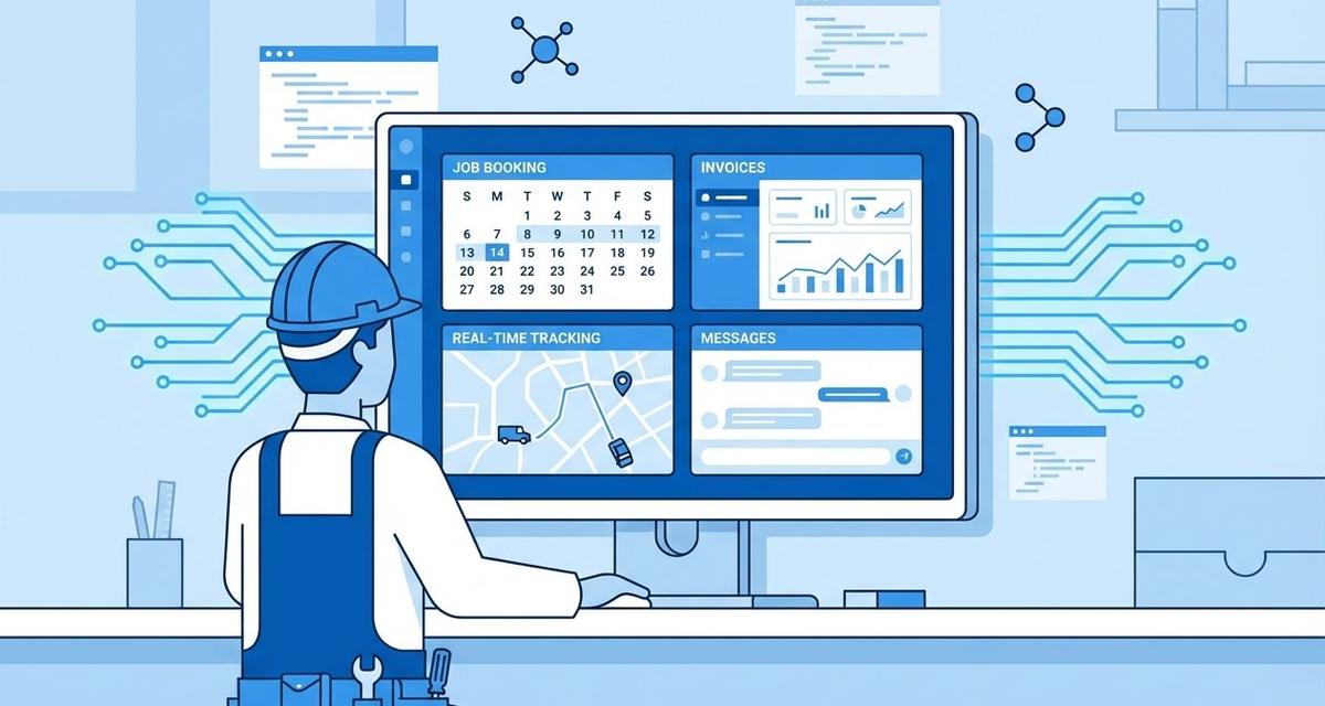 A trades professional viewing a modern customer portal dashboard on a desktop monitor, displaying job booking calendars, invoice management panels, real-time engineer tracking, and secure messaging features surrounded by glowing AI-inspired design elements.