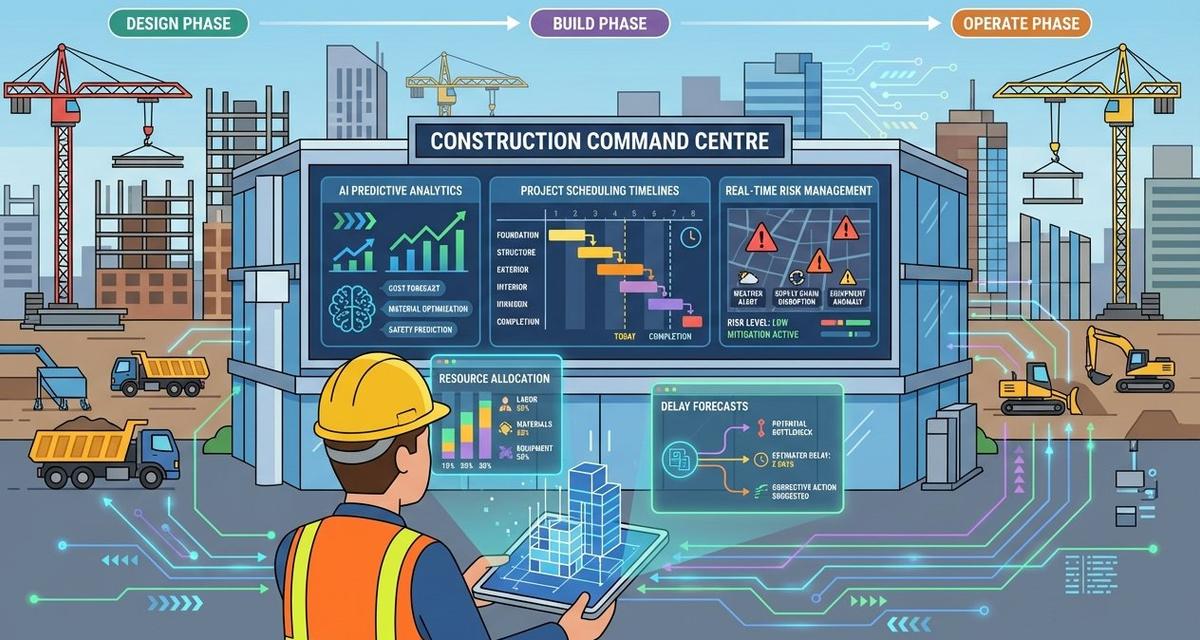 A construction project manager in a hard hat and high-visibility vest using a tablet displaying an AI-powered dashboard with 3D building models, predictive analytics graphs, scheduling timelines, and real-time risk management data overlaid against an active construction site backdrop.