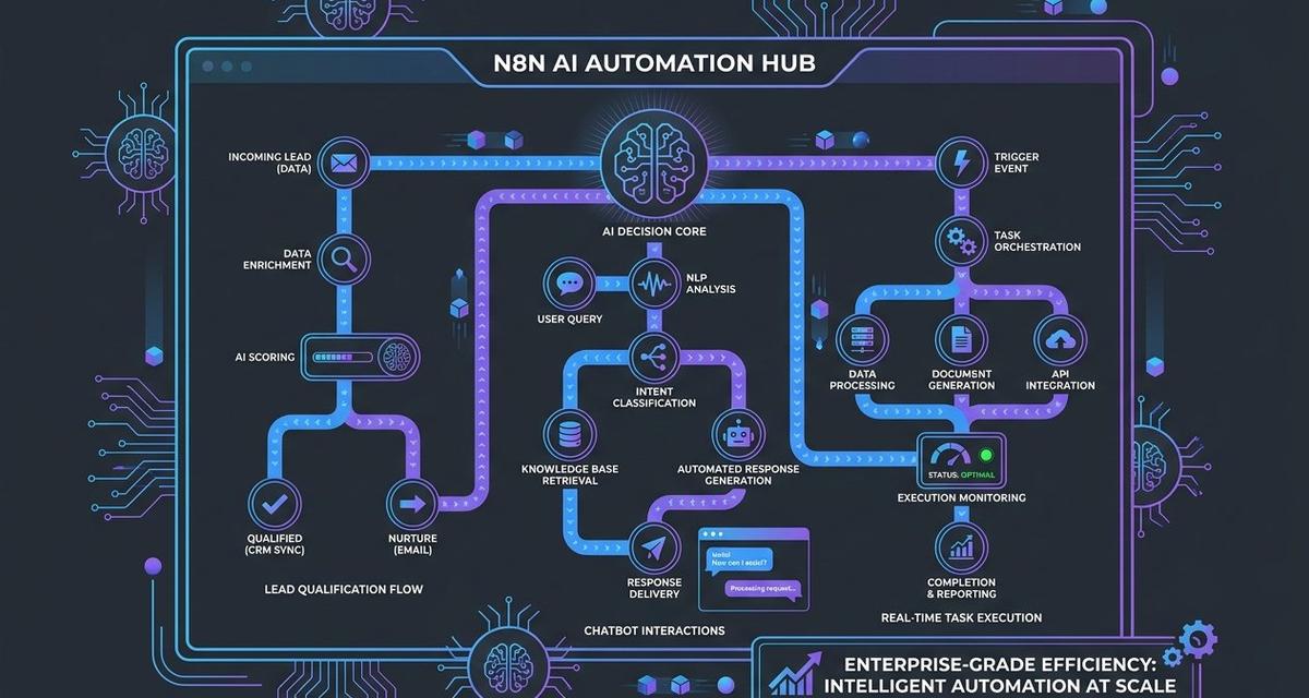 A dark-themed N8N automation dashboard displaying interconnected AI agent workflow nodes in blue and purple, with data pipelines, chatbot panels, and real-time task execution metrics visualized across a digital interface.