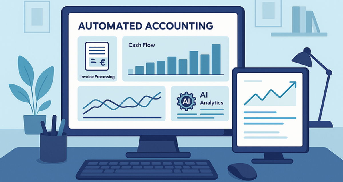 Modern accounting dashboard with AI-powered analytics displaying automated financial reports, invoice processing metrics, and real-time cash flow graphs on digital screens in a professional workspace.