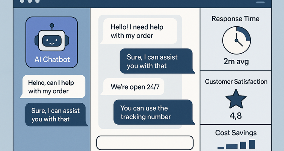 Computer screen showing an AI chatbot dashboard with active customer conversations, real-time analytics graphs displaying response rates and satisfaction metrics, and a clean interface demonstrating automated customer service technology.