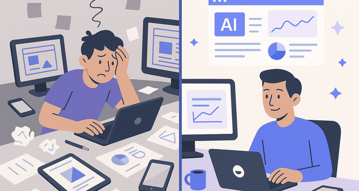 Split-screen image comparing a chaotic freelancer workspace on the left with an organized, AI-enhanced workspace on the right, illustrating business transformation through automation.