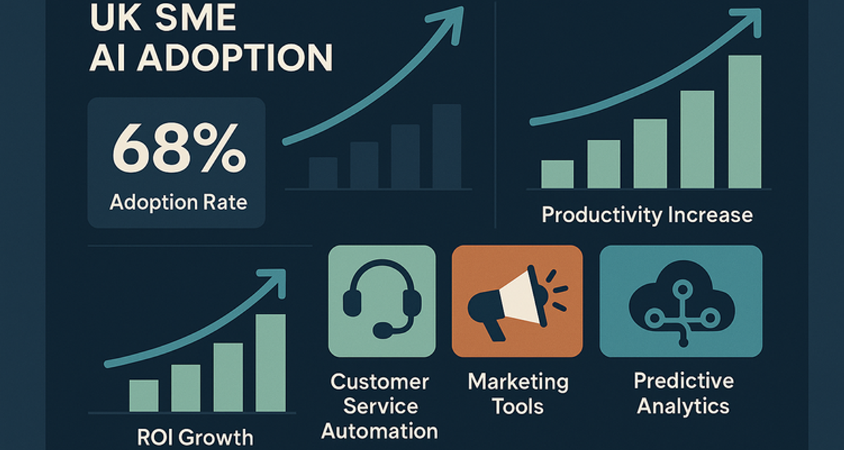 Digital dashboard showing UK SME AI adoption statistics with upward trending graphs displaying 68% adoption rate, productivity metrics, and ROI figures alongside business automation icons.