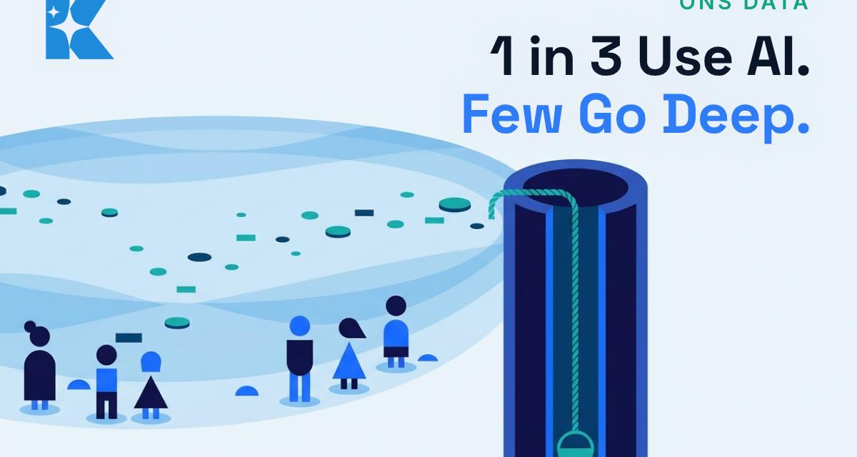 Flat illustration of a wide shallow pond with people on stepping stones beside one deep well with a bucket, showing breadth versus depth of AI use