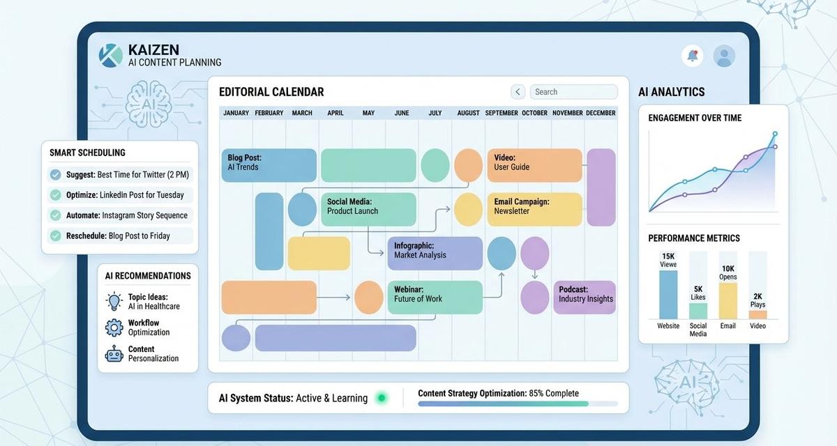 Digital dashboard showing an AI-powered editorial calendar with organized content blocks across a timeline, surrounded by performance analytics and automated scheduling recommendations.