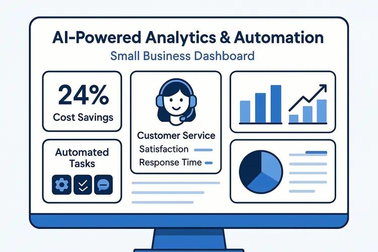 A digital dashboard interface showing AI-powered business analytics with charts displaying cost reduction metrics, automation features, and customer service tools designed for small business operations.