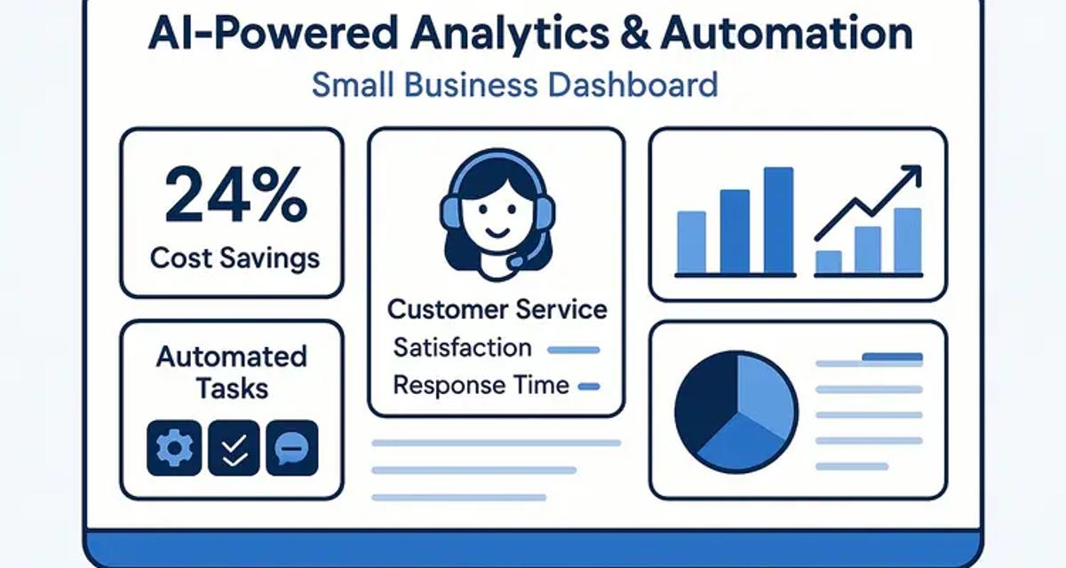 A digital dashboard interface showing AI-powered business analytics with charts displaying cost reduction metrics, automation features, and customer service tools designed for small business operations.