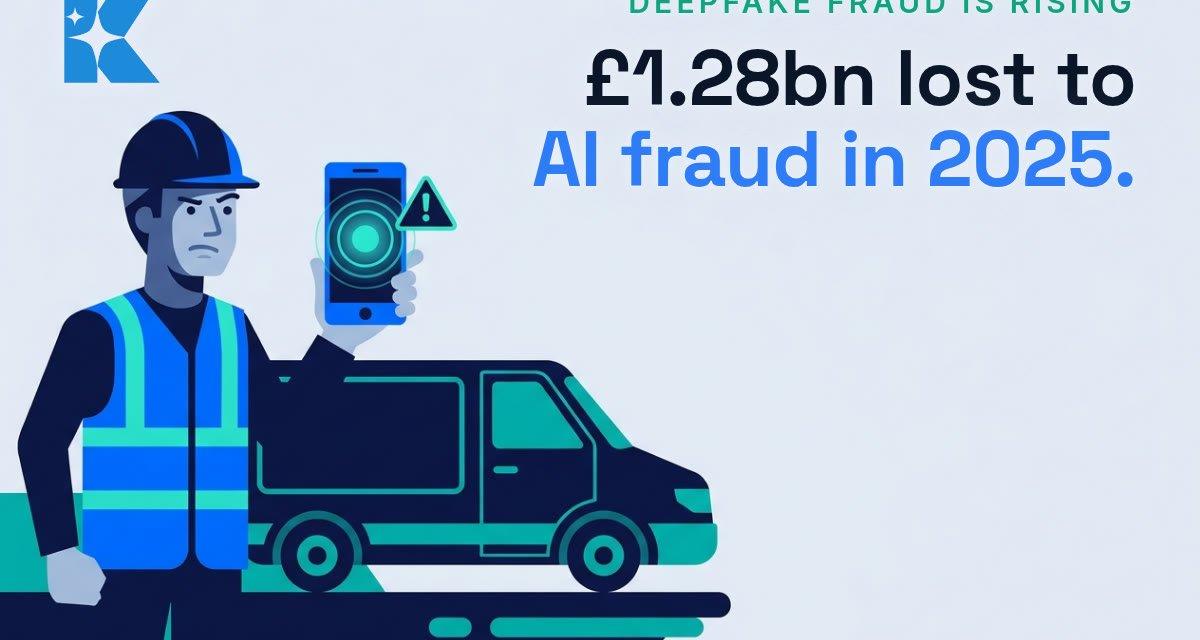 UK tradesperson looking warily at a smartphone showing a suspicious incoming call, illustrating AI deepfake fraud risk