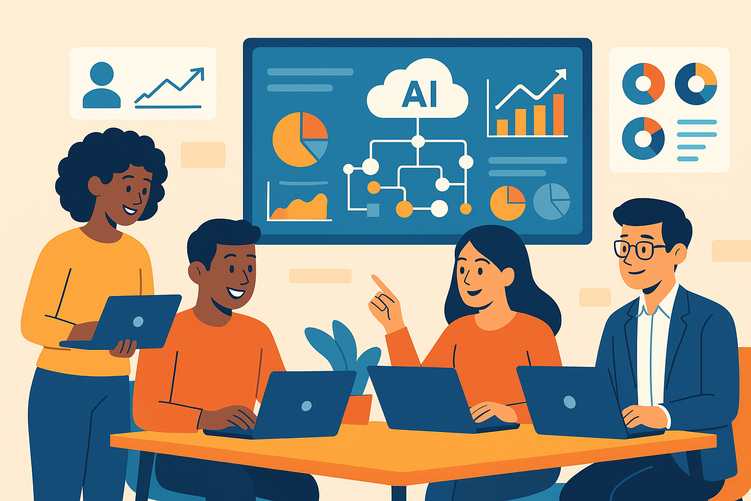 Marketing professionals collaborating in a modern office with multiple screens showing AI analytics dashboards, data charts, and automated marketing tools, representing small agency growth through AI technology.