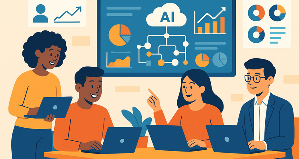 Marketing professionals collaborating in a modern office with multiple screens showing AI analytics dashboards, data charts, and automated marketing tools, representing small agency growth through AI technology.