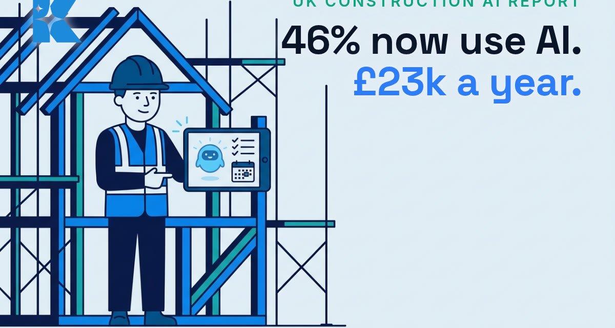UK construction worker on site checking an AI assistant on a tablet, illustrating 46% of UK construction professionals now using AI