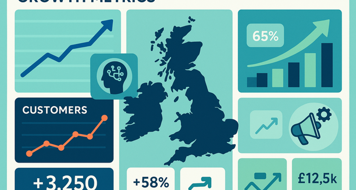 Digital analytics dashboard showing upward growth trends and customer metrics overlaid on a UK map with AI-powered marketing icons and performance charts.