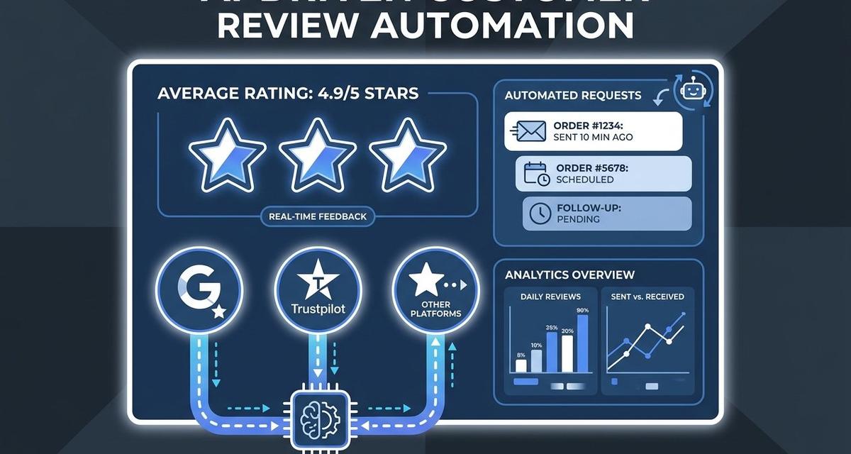 A glowing digital AI dashboard displaying five-star customer review metrics, automated review request alerts, and real-time analytics graphs, with interconnected icons for Google and Trustpilot linked by flowing data streams against a dark blue background.