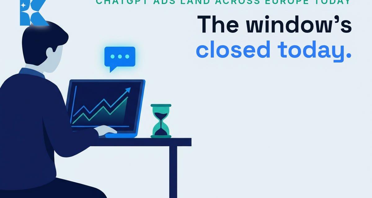 UK small business owner at a laptop showing a rising ad performance graph, with a chat bubble icon and an hourglass on the desk