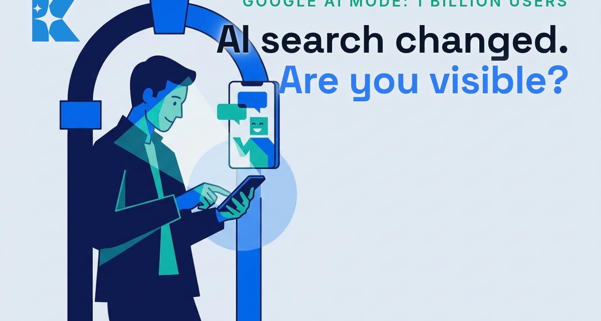A UK small business owner checking a glowing AI chat interface on their phone, illustrating Google AI Mode's rise to 1 billion users
