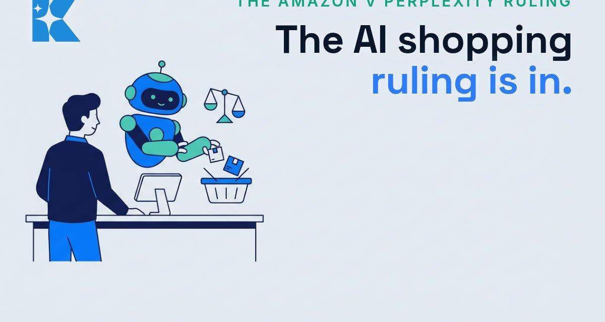 A small business owner watching a friendly AI robot assistant place items into a shopping basket, with a set of scales of justice floating nearby representing the court ruling