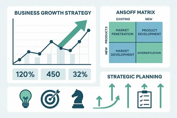 Dashboard visualization displaying business growth charts with upward trends, four-quadrant Ansoff Matrix, and strategic planning metrics in blue and green color scheme
