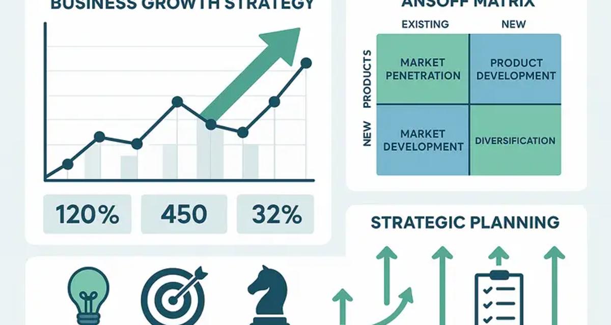 Dashboard visualization displaying business growth charts with upward trends, four-quadrant Ansoff Matrix, and strategic planning metrics in blue and green color scheme
