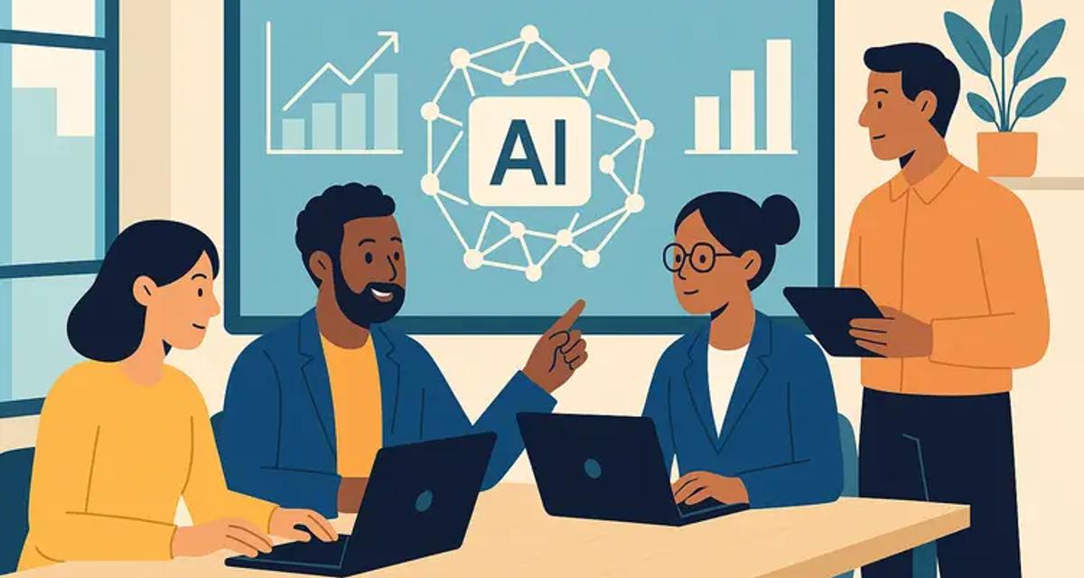 Diverse small business team members working together in a modern office with digital screens displaying AI analytics and data visualizations, illustrating human-AI collaboration.