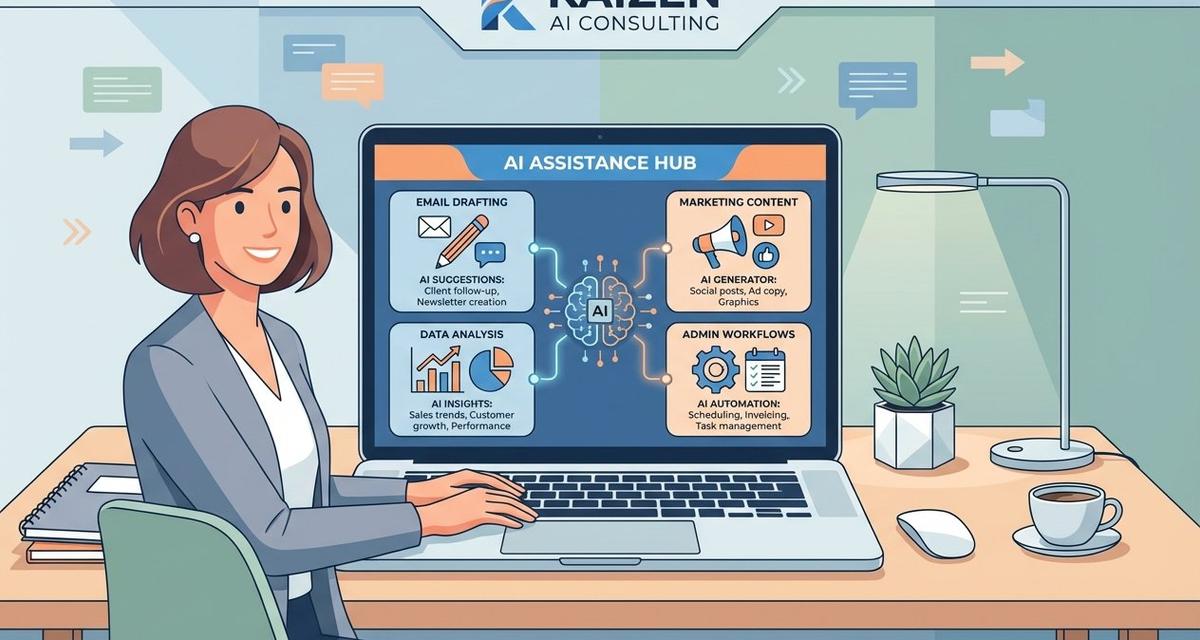 A small business owner sitting at a modern desk using a laptop displaying an AI chat interface, surrounded by floating icons representing emails, bar charts, marketing documents, and task checklists in a bright, professional office setting.