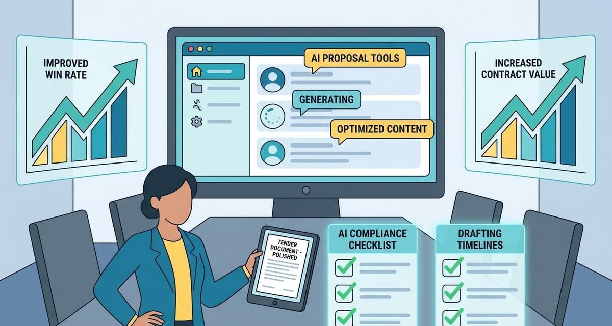 A business professional sitting at a modern desk reviewing an AI-generated tender proposal on a large monitor, with digital dashboards displaying win rate statistics, compliance checklists, and bid automation progress charts in the background.