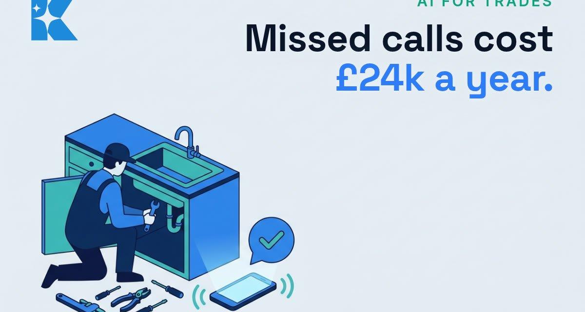 UK plumber working under a kitchen sink while a smartphone nearby shows an AI phone agent answering an incoming call