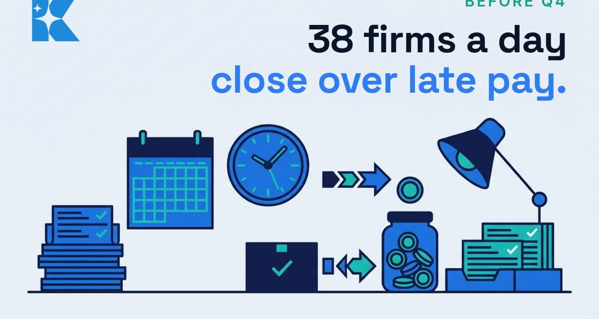Flat vector illustration of a calendar, clock, coin jar and stacks of paid invoices, with the headline 38 firms a day close over late pay