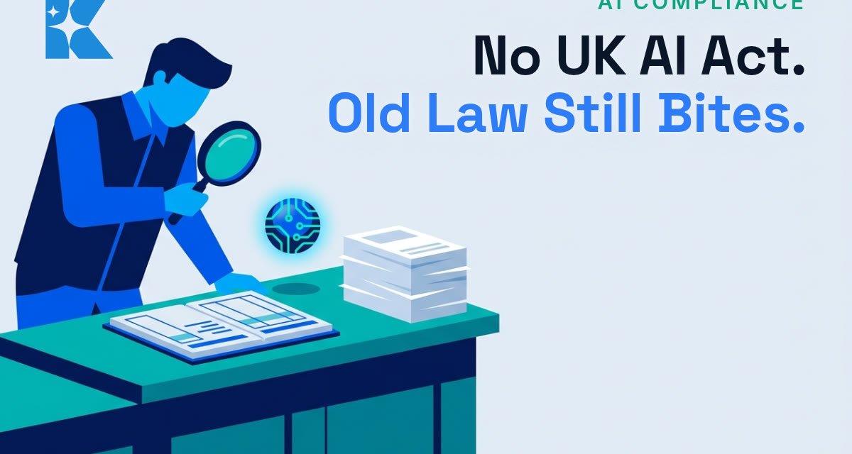 UK small business owner examining an open ledger with a magnifying glass beside a glowing AI icon, illustrating that existing law already covers AI use