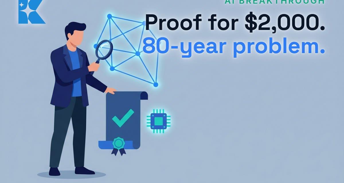 Person examining a verified proof certificate beside a glowing AI network diagram and microchip icon