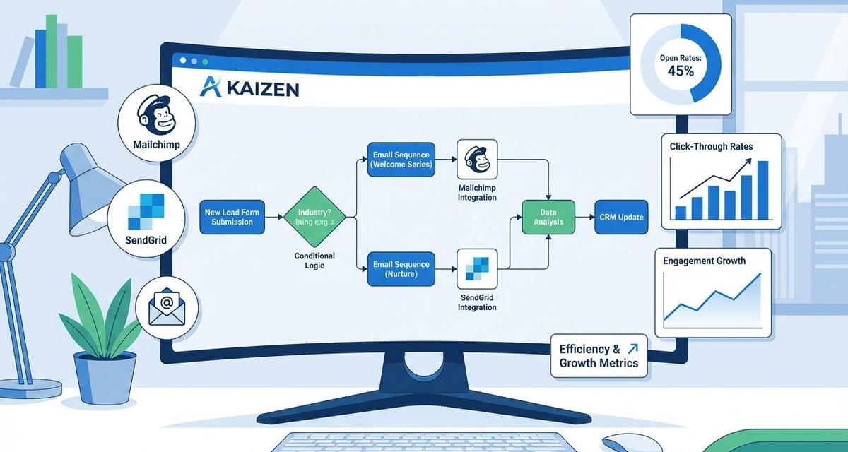 A digital workspace displaying an N8N automation workflow on a monitor with interconnected email sequence nodes, conditional logic branches, and floating icons for Mailchimp and SendGrid integrations alongside performance metric charts in blue and green tones.