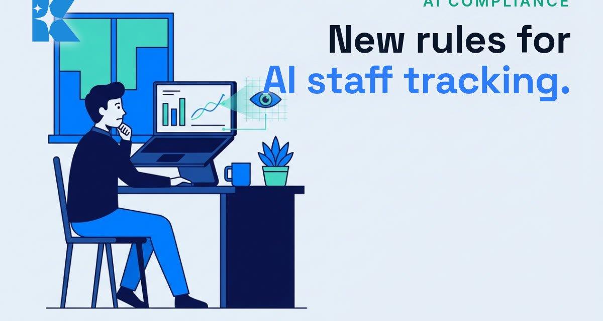 Illustration of a UK small business owner reviewing AI monitoring software on a laptop, with an eye icon representing workplace tracking