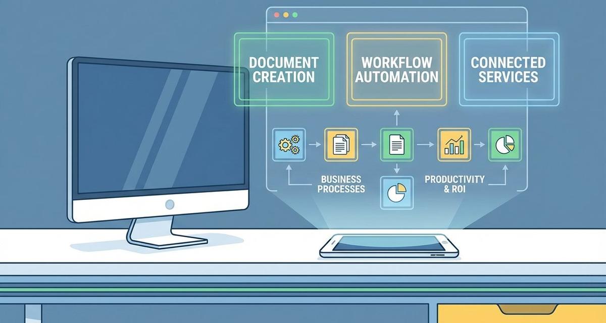 A futuristic digital workspace displaying glowing modular AI skill cards for document creation, workflow automation, and connected services, arranged above a holographic business dashboard with interconnected workflow pathways.